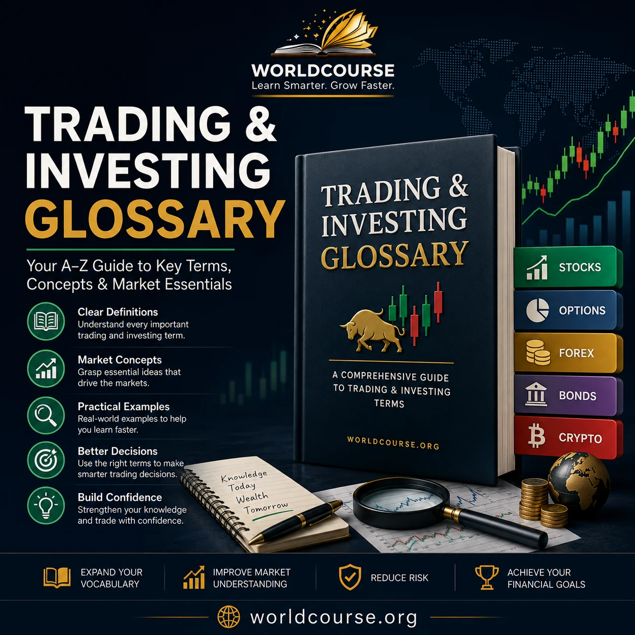 Trading and Investing Glossary ebook cover - plain English definitions of trading and investing terms