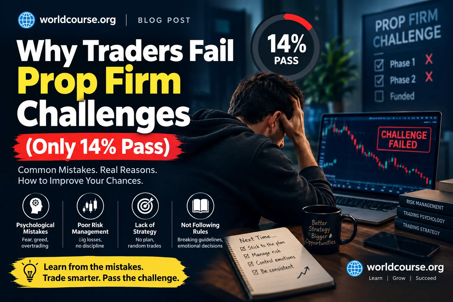 Why traders fail prop firm challenges - pass rate data and common mistakes infographic
